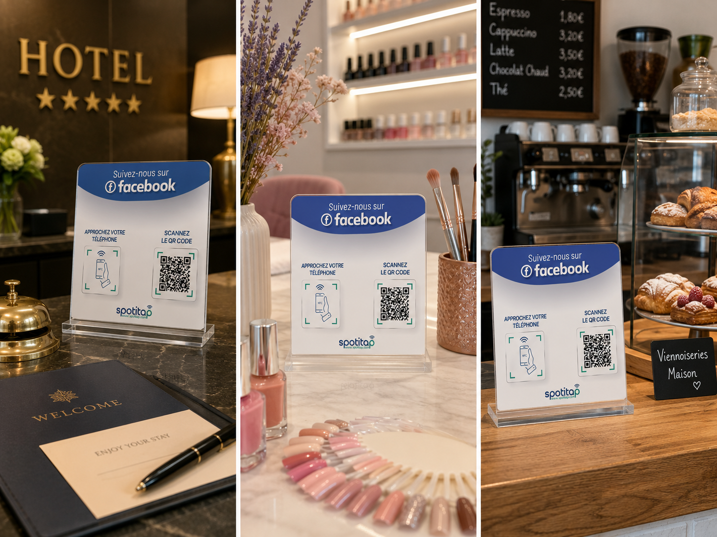 Plaque Facebook Spotitap dans un hôtel, un salon de beauté et un café