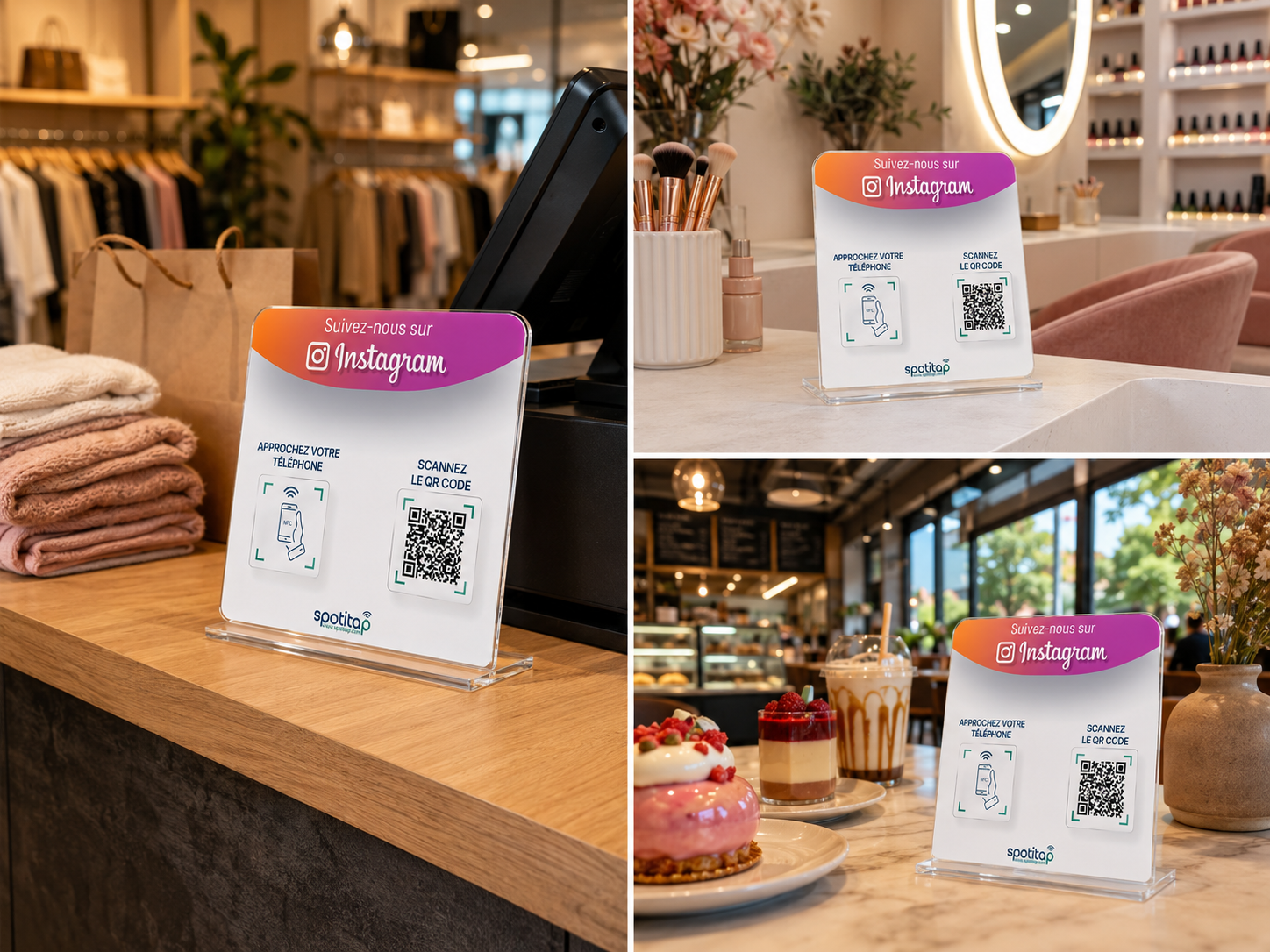 Plaque Instagram Spotitap dans une boutique de mode, un salon de beauté et un café